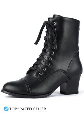 Victorian Ankle Boots for Women, Lace Up Side Zip Block Chunky Mid Heel Bootie